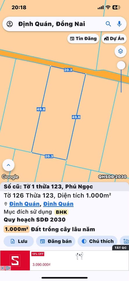 Bán 1000m2 đất tại Ngọc Định Cũ, Định Quán, Đồng Nai