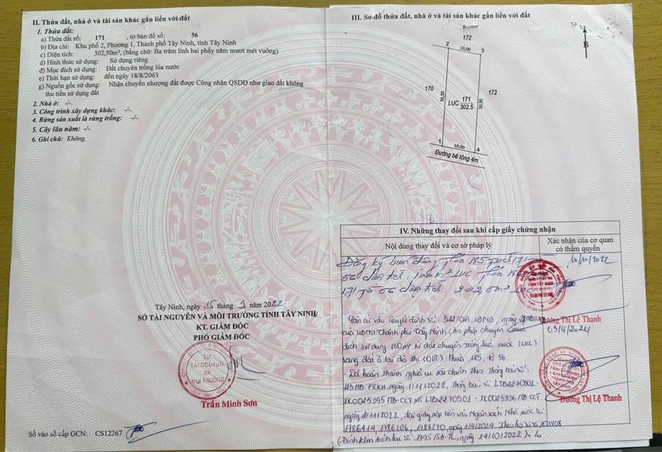 Đất vàng trung tâm Tây Ninh 10x30.5m, sổ hồng riêng, giá hời