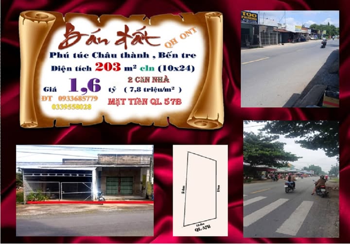Bán đất tặng nhà 203m2 mặt tiền Quốc lộ 57B, Bến Tre, giá 1.6 tỷ