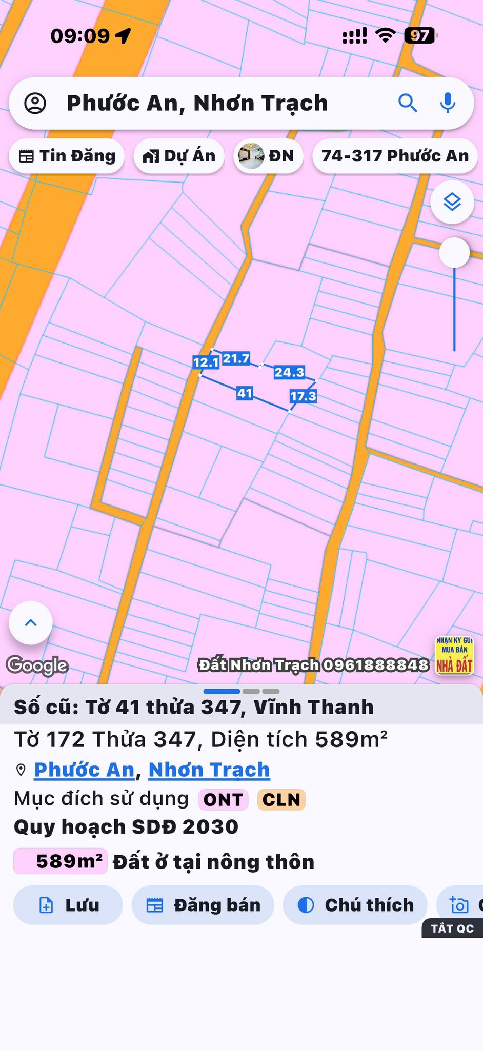 Bán đất 589m2 mặt tiền 12m, nở hậu 17m tại Nhơn Trạch, Đồng Nai