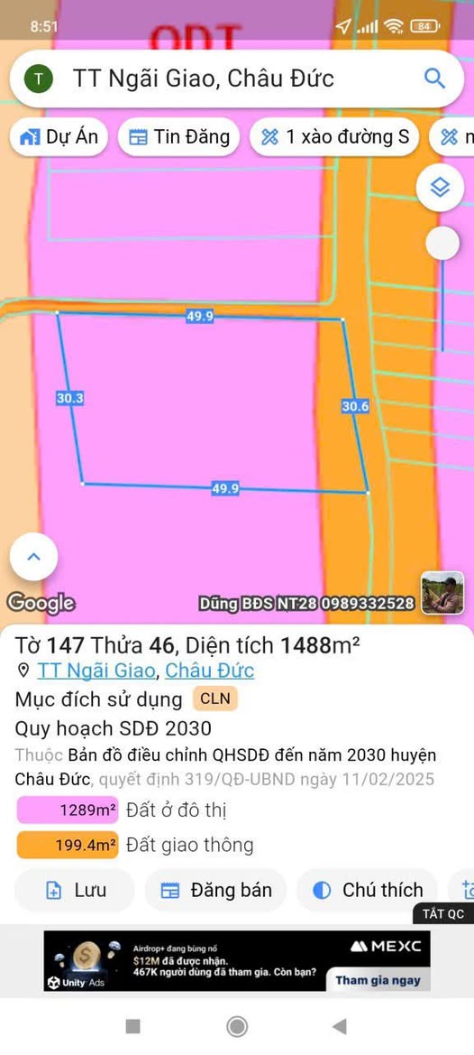 Lô góc 2 mặt tiền 30m x 50m tại Ngãi Giao, Châu Đức, cơ hội đầu tư hấp dẫn