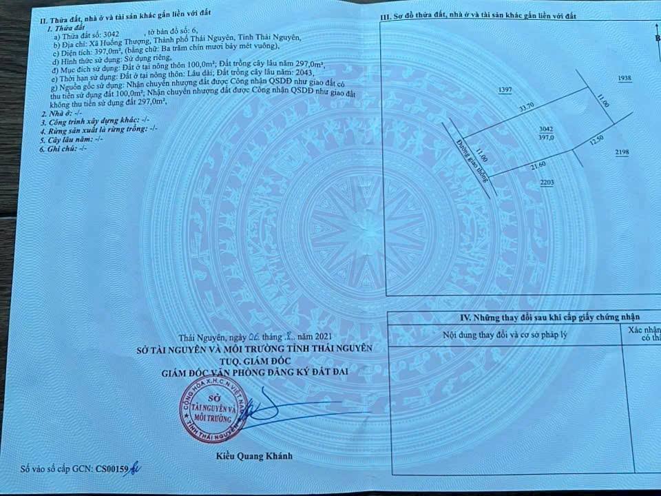 Bán đất thổ cư 397m2, mặt tiền 11m, gần cầu Hưng, Thái Nguyên