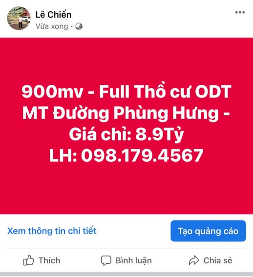 Siêu phẩm đất nền Phùng Hưng 900m2, thổ cư chỉ 8,9 tỷ