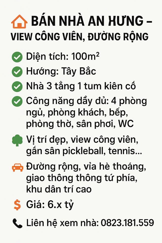Bán nhà 3 tầng 1 tum An Hưng, view công viên, đường rộng, 100m², hướng Tây Bắc