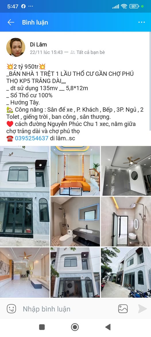 Nhà 1 trệt 1 lầu thổ cư 135m2 gần chợ Phú Thọ, Trảng Dài - Chỉ 2.95 tỷ