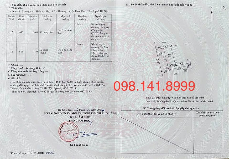 Bán đất thổ cư 56m2 An Thượng, Hoài Đức, ô tô cách 10m, gần trường học