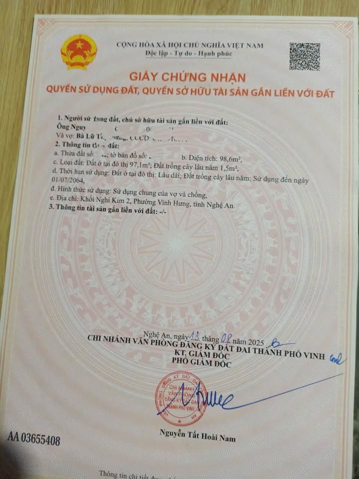 Đất Vinh, 98,6m2, mặt tiền 4,46m, hướng tây nam, sổ đỏ sẵn sàng, giá 1,55 tỷ