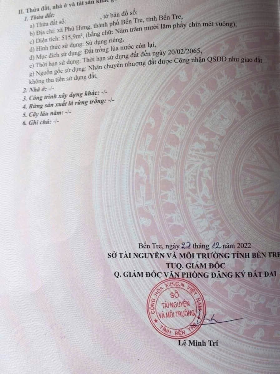 Cơ hội sở hữu ngay nền đất đẹp tại Phường Phú Khương, Bến Tre với diện tích lên đến 517m2