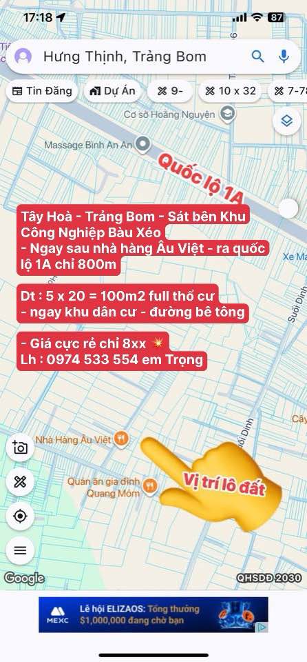 Bán đất 100m2 full thổ cư, sát khu công nghiệp Bàu Xéo, Trảng Bom, Đồng Nai