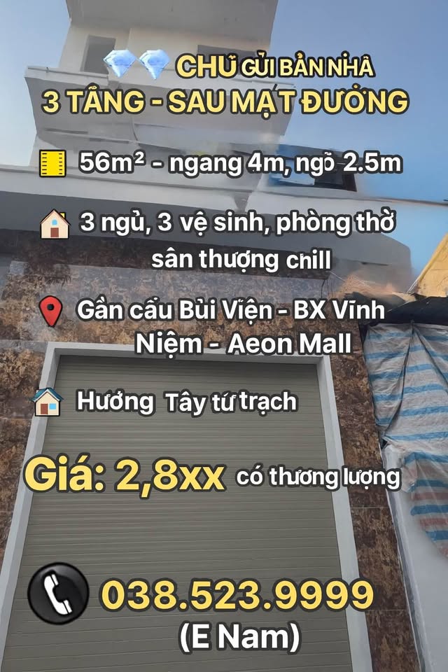 Bán nhà 3 tầng đẹp, 56m², gần Aeon Mall, hướng Tây - Giá tốt