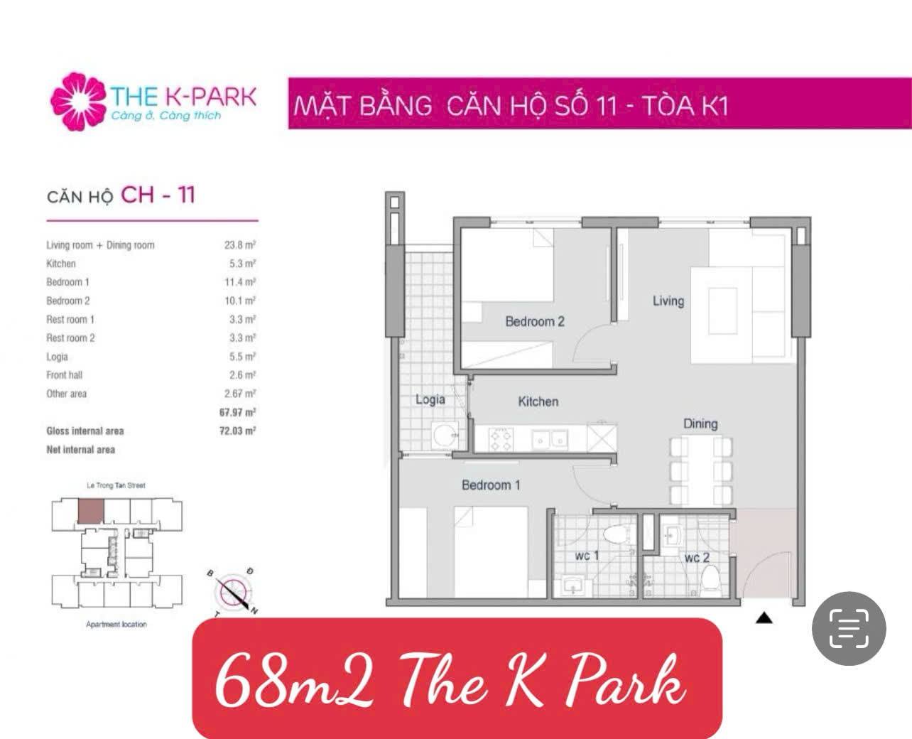 Bán căn hộ 68m2, 2 phòng ngủ tại chung cư The Kpark Văn Phú, Hà Đông
