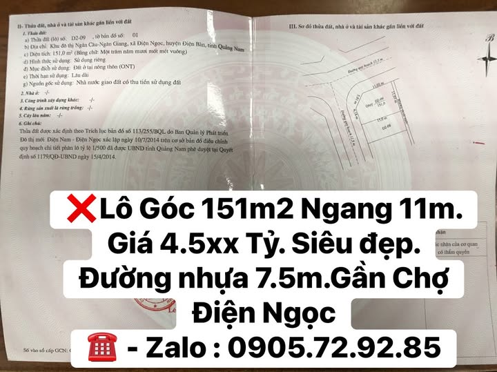 Bán lô đất góc gần chợ Điện Ngọc, diện tích 151m2, giá 4,5x tỷ
