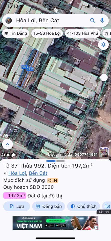 Đất thổ cư 196m2 tại phường Hoà Lợi, Bến Cát, Bình Dương, đường bê tông ô tô quay đầu