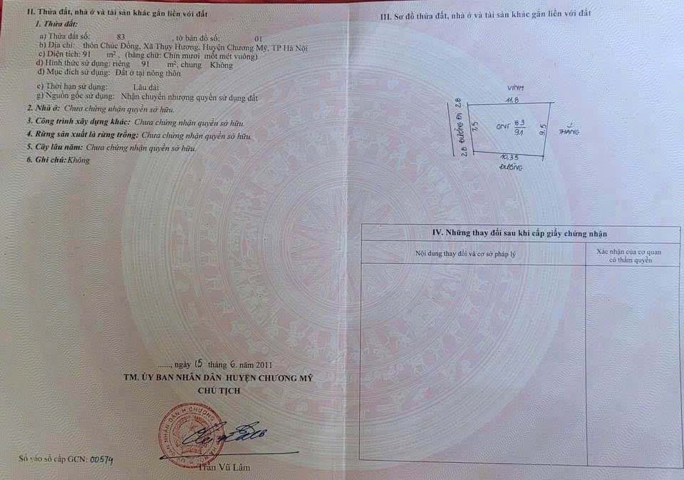 Bán gấp lô đất 91m2 tại Chúc Đồng, Thụy Hương, đường thông ô tô