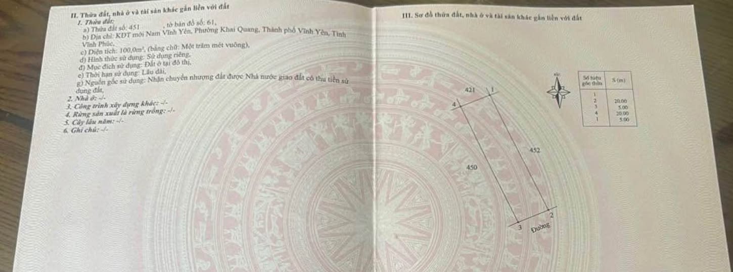 Đất nền sổ đỏ Nam Vĩnh Yên, mặt tiền 5m, hướng Đông Nam, đường 16.5m, view trường học