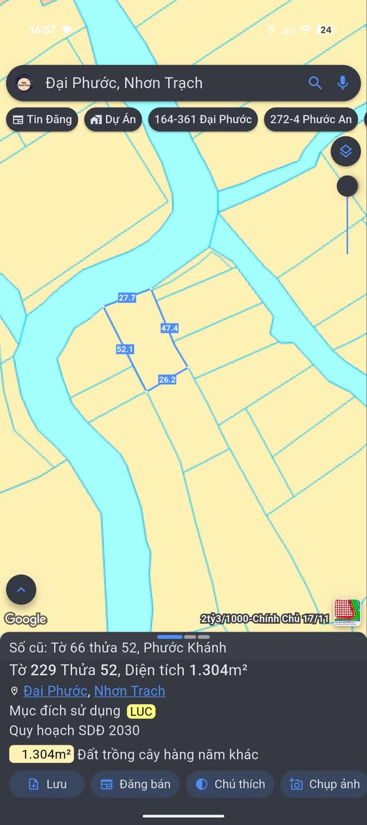 Bán đất 1.304m2 mặt rạch, Phước Khánh, Nhơn Trạch, Đồng Nai