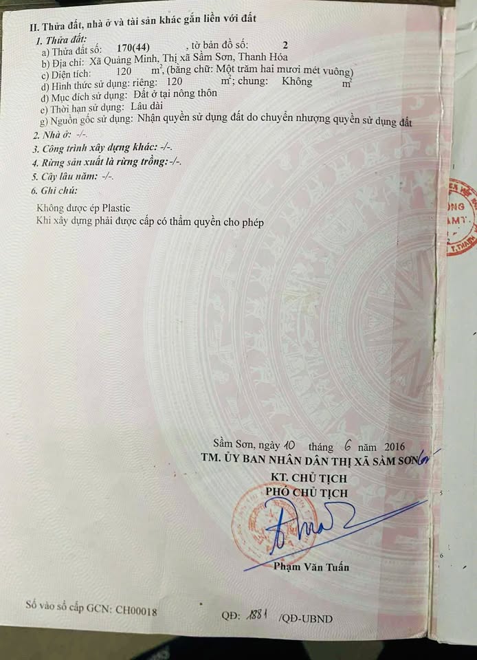 Bán đất mặt tiền kinh doanh tại Quảng Minh, Sầm Sơn, 120m², giá chỉ 1.3 tỷ