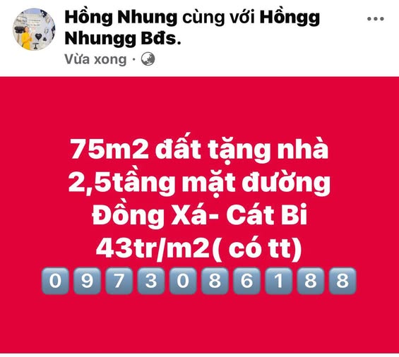 Mặt đường Đồng Xá, Cát Bi, đất 75m2 tặng nhà 2,5 tầng, giá 43 triệu/m2