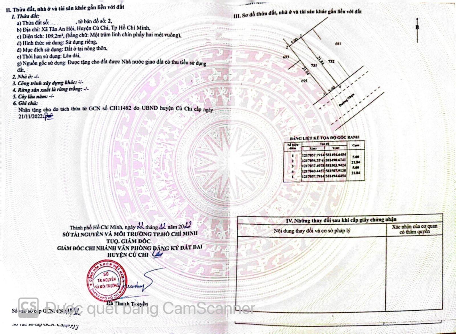 Ngộp bank bán lô 110m2 giá 800tr. Đ. Nguyễn Thị Rành - Tân An Hội gần bệnh viện đa khoa Củ Chi, SHR