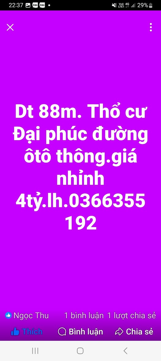 Đất Đại Phúc 88m2, ô tô thông, nhỉnh 4 tỷ, cơ hội vàng cho nhà đầu tư