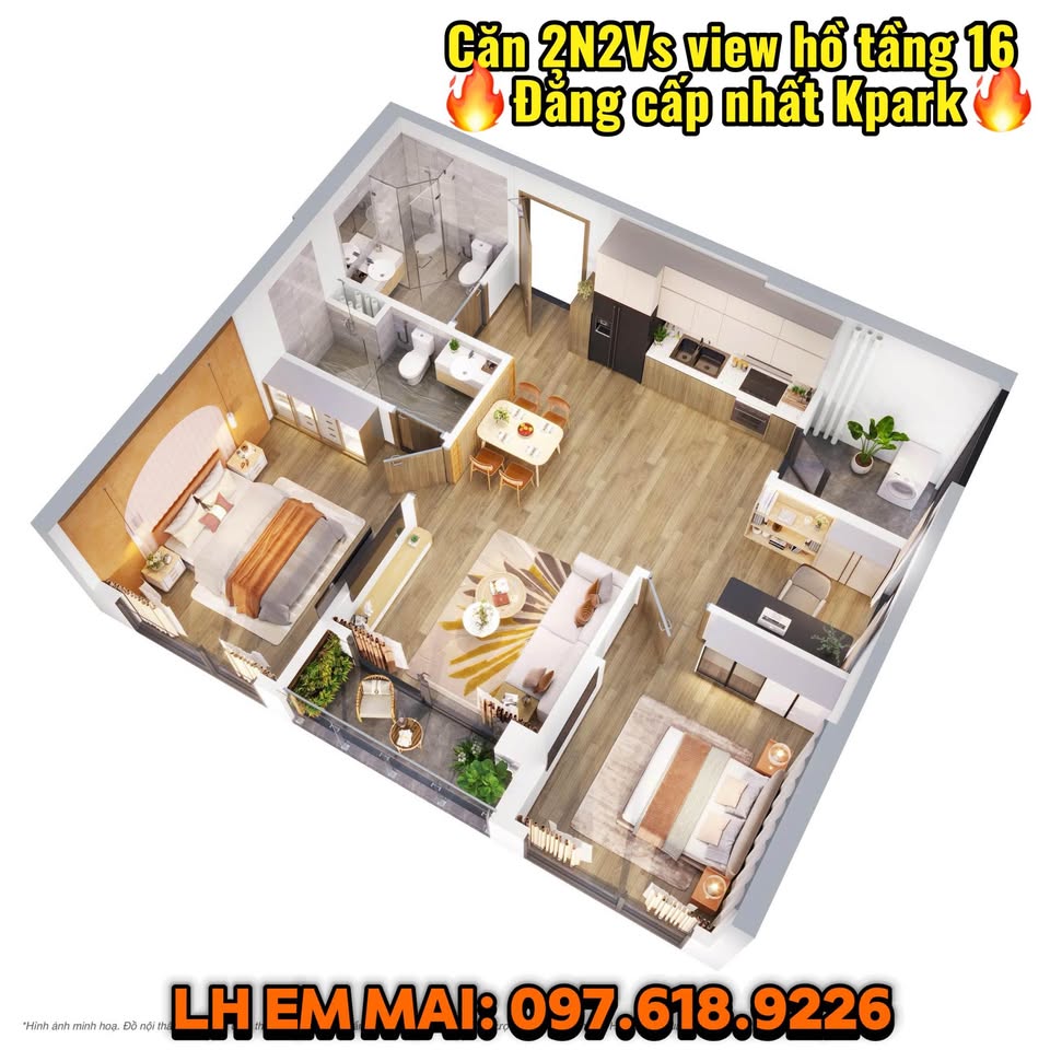 Căn hộ 2 phòng ngủ, 2 nhà vệ sinh tại Kpark, Vinhomes Thanh Hóa, view hồ, ngắm pháo hoa, quà khủng - Chỉ 3.2 tỷ