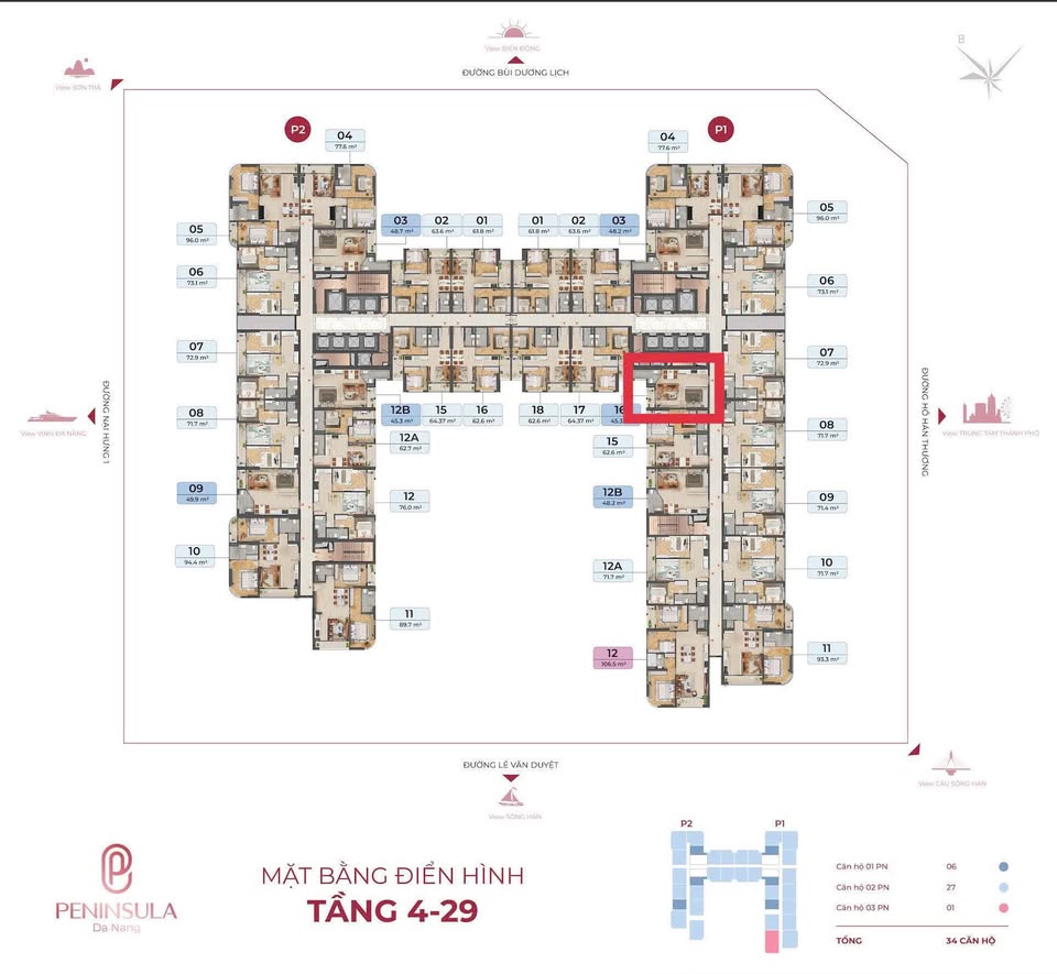 Căn hộ Peninsula Đà Nẵng 1 phòng ngủ 45,3m2 view sông Hàn, tầng 27