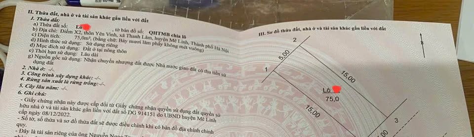 Lô đất đấu giá X2 Yên Vinh, Mê Linh - 75m², mặt tiền 5m, sát Sun Group