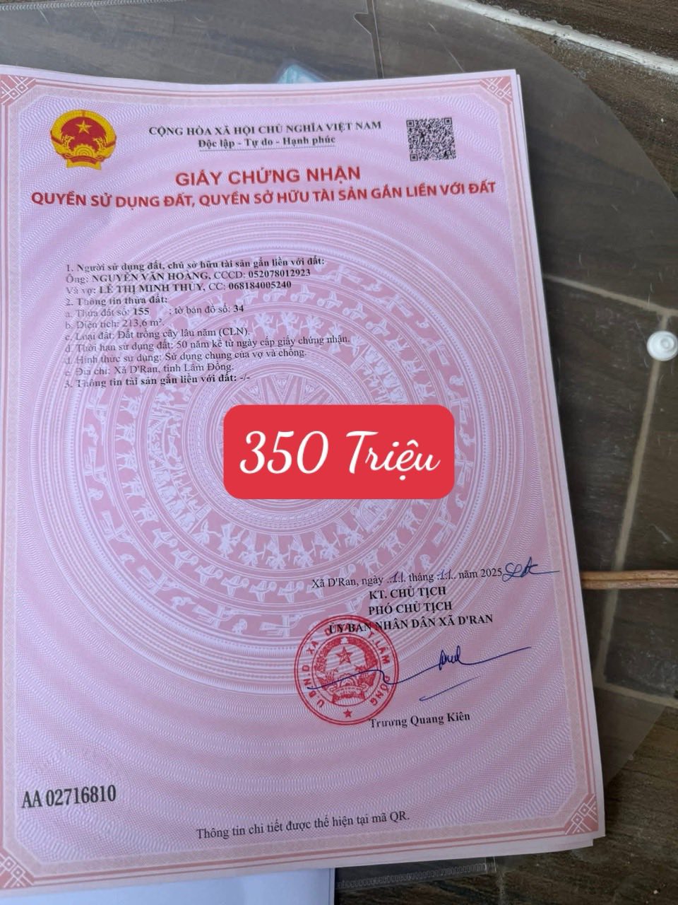 Đất vườn hồng Dran, 213m2, đường ô tô, giá chỉ 350 triệu