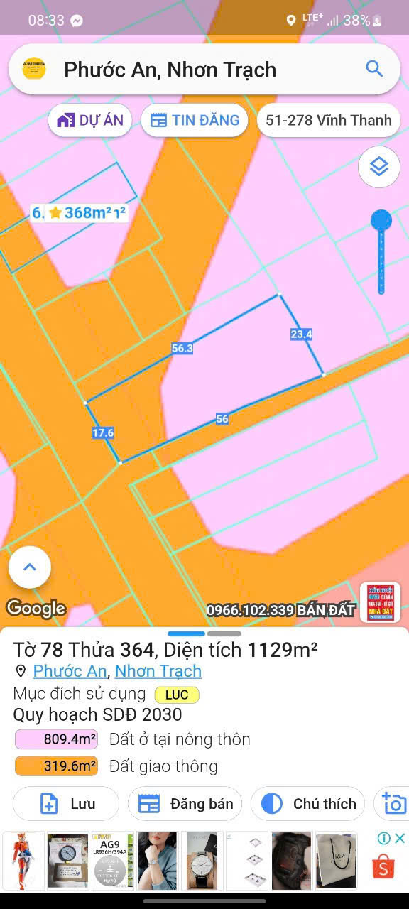 Bán Đất Mặt Tiền Hùng Vương, Phước An, Nhơn Trạch, 1,129m2, nở hậu