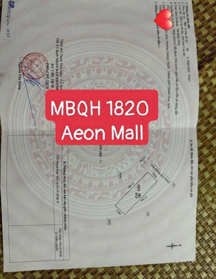 Bán đất 85m2 hướng Tây Bắc, gần Aeon Mall, sổ hồng