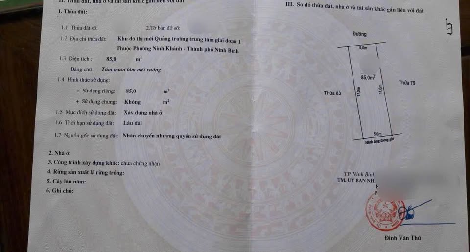 Đất Quảng Trường, hướng Tây Bắc, 5m mặt tiền, 85m2 sổ đỏ trao tay