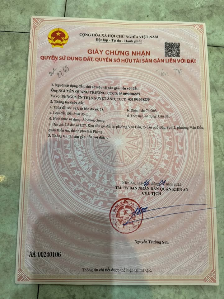 Bán lô đất đấu giá 74m2 mặt tiền 5.5m hướng Đông tại Phù Liễn, Kiến An, Hải Phòng