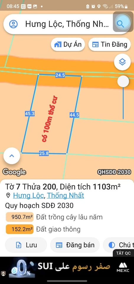 Đất thổ cư 1000m2 tại Hưng Lộc, Đồng Nai