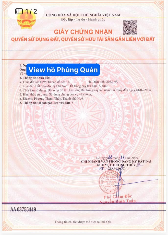 Đất 206,3m² 3 mặt tiền view hồ sinh thái, thành phố Huế 17 triệu/m²