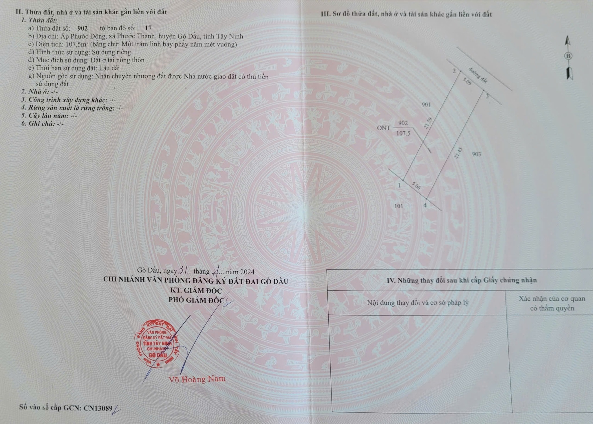 Đất thổ cư vuông vức 5x21m tại ấp Phước Đông, xã Phước Thạnh, Tây Ninh đang chờ chủ mới