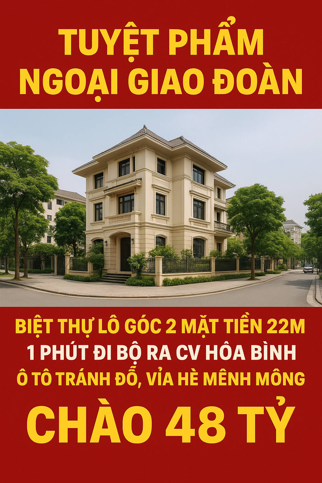 Biệt thự Ngoại Giao Đoàn, lô góc 2 mặt tiền, 1 phút ra công viên, giá 48 tỷ