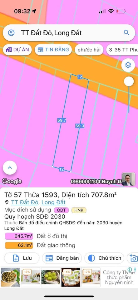 Bán đất mặt tiền đường Nguyễn Huệ, Đất Đỏ, 707,8m2, sẵn 70m2 thổ cư, giá 3.2 tỷ