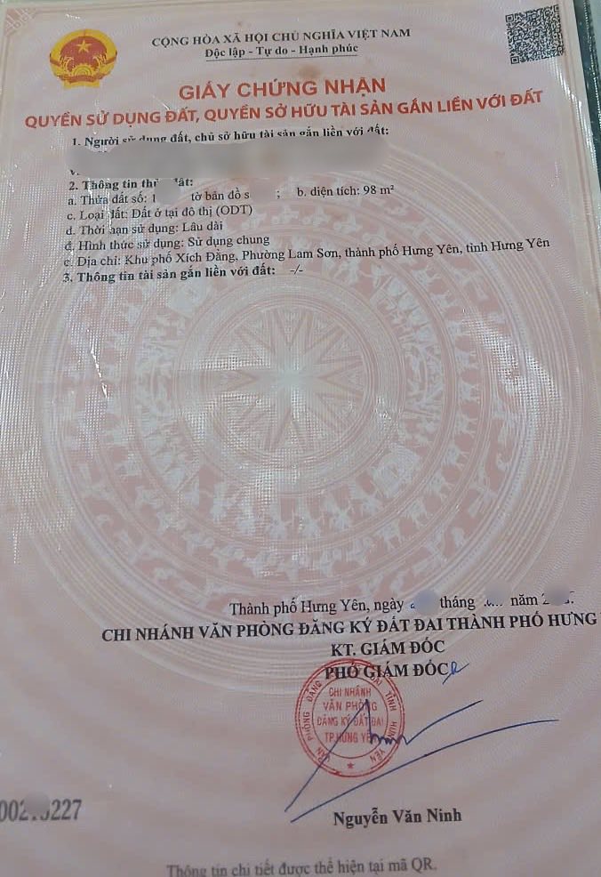 Bán đất thổ cư 98m2 Xích Đằng, Lam Sơn, Hưng Yên, ngõ 7 chỗ, gần cầu Yên Lệnh, giá nhỉnh 2 tỷ