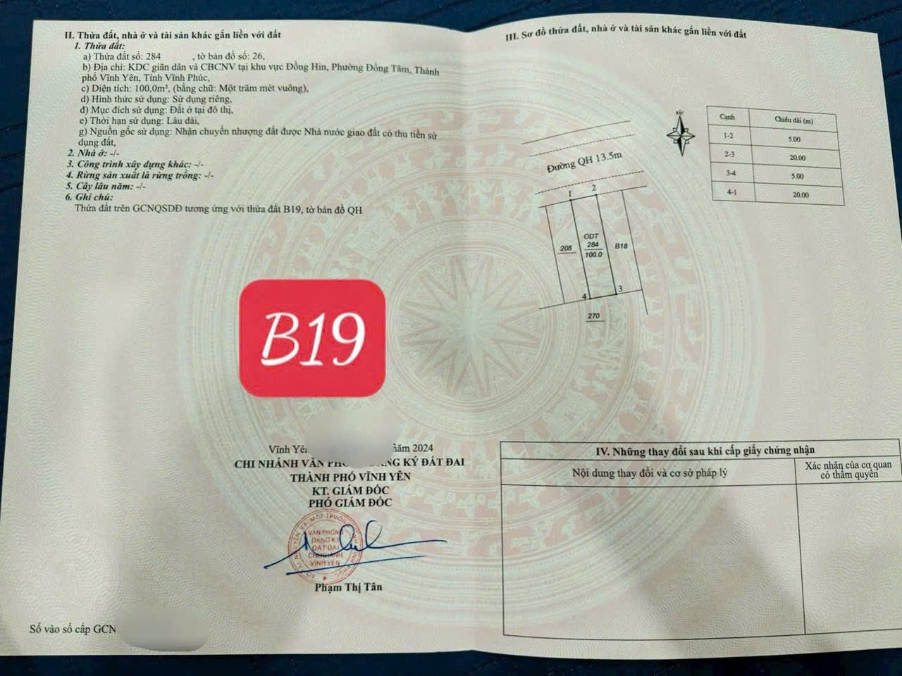 Đất Vĩnh Yên 100m² B19 Đồng Hin sổ hồng rõ ràng, giá rẻ nhất khu vực