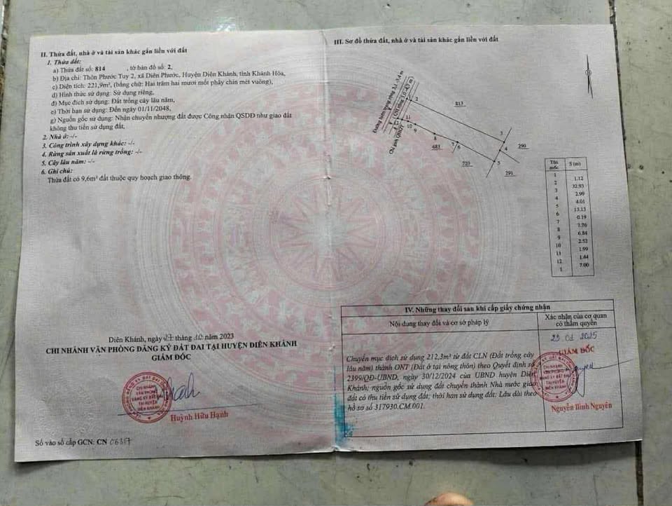 Đất Diên Phước 221m² full thổ cư, mặt tiền 7m, đường ô tô thông thoáng