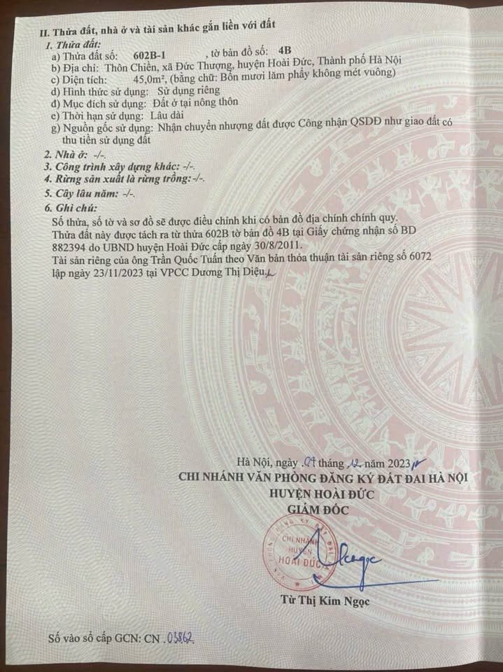 Bán đất thổ cư 45m2, mặt tiền 3,75m, hướng Tây Bắc, Cầu Giấy, Hà Nội