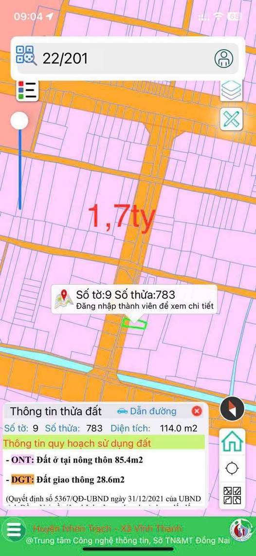 Bán đất Vĩnh Thanh, Nhơn Trạch - 114m2, giá 1.7 tỷ, xe hơi tới nền
