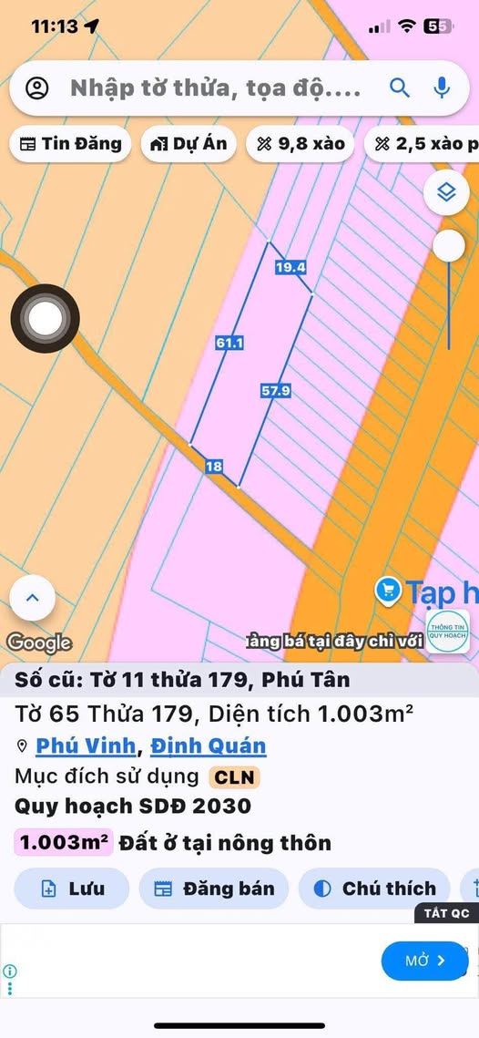 Đất Phú Tân cũ 1 xào full hồng, giá 1,35 tỷ, sát HL20