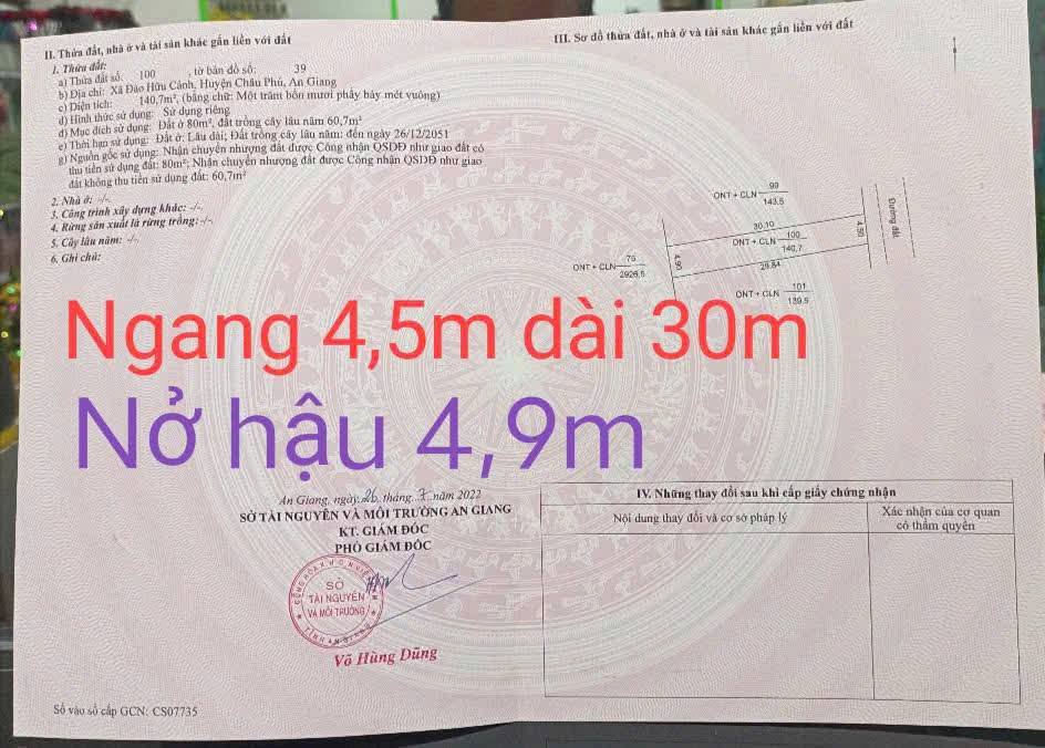 Bán nền 4.5x29.5m giá rẻ tại Châu Phú, An Giang, thích hợp đầu tư