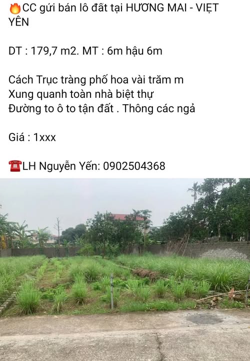Bán đất Việt Yên, 179.7m2, mặt tiền 6m, đường ô tô tận nơi, bao quanh biệt thự