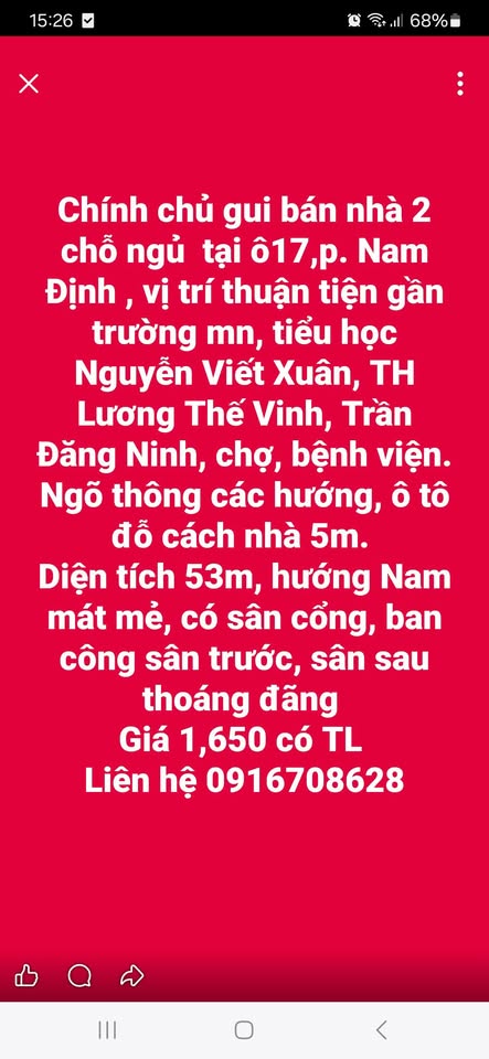 Nhà 2 phòng ngủ, vị trí trung tâm thành phố Nam Định, gần trường, chợ, bệnh viện, giá chỉ 1.65 tỷ