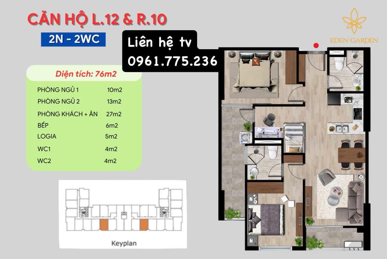 Bán căn hộ chung cư Eden Lê Lợi, Thái Bình, 76m2, ban công Đông Nam