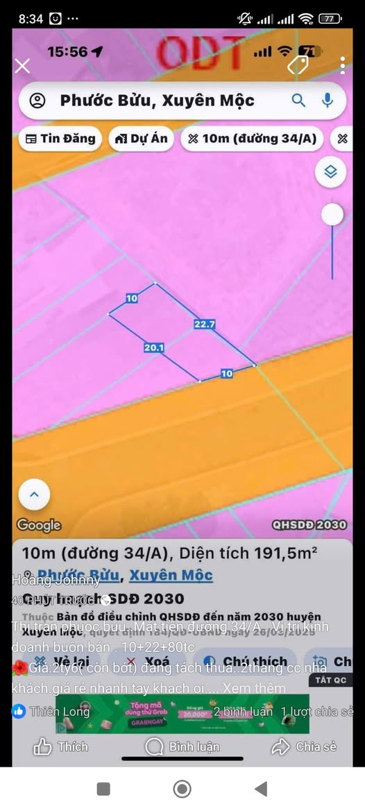 Bán lô đất thị trấn Phước Bửu, đường 34A, diện tích 10m x 22m, thổ cư 80m2