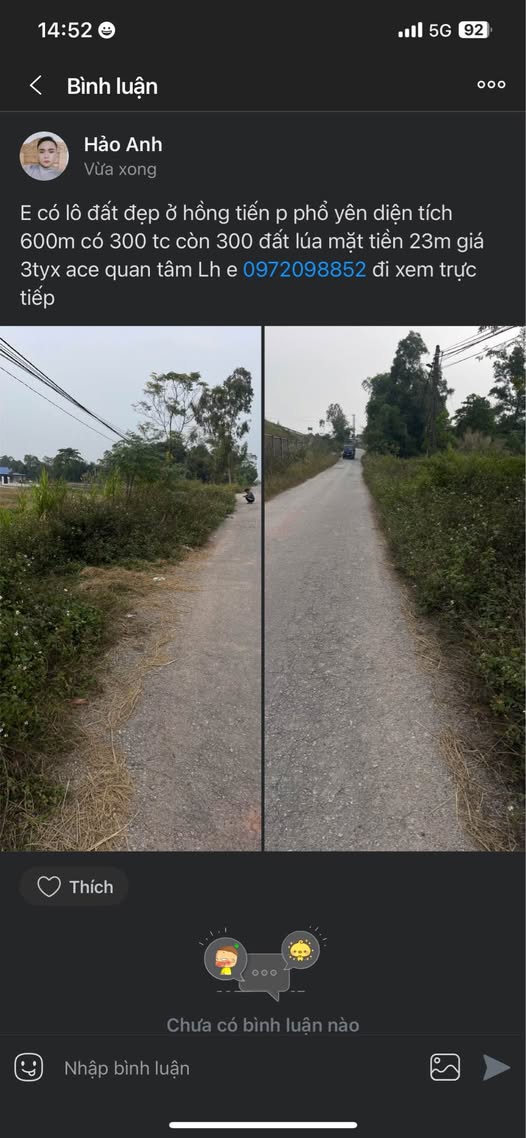 Bán đất vàng Hồng Tiến - Phổ Yên, 600m2, mặt tiền 23m, giá chỉ nhỉnh 3 tỷ