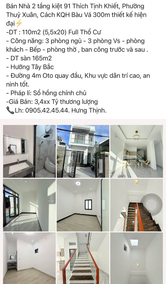Bán nhà 2 tầng tại kiệt 91 Thích Tịnh Khiết, phường Thuỷ Xuân, cách khu quy hoạch Bàu Vá 300m